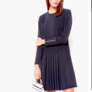 Ted Baker Elegant Caara Navy Blue Long Sleeve Pleated Dress Sz US 6 Or Ted Sz 2